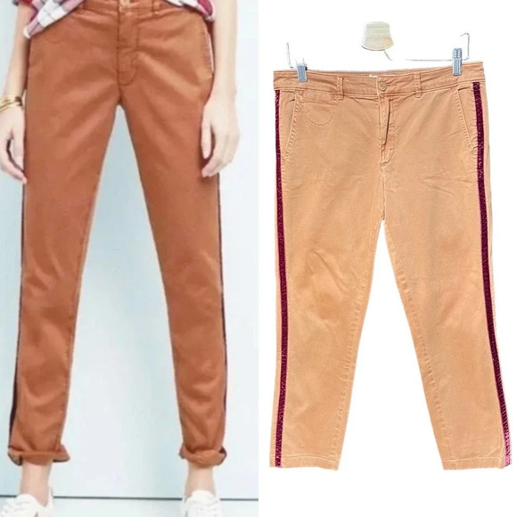 Anthropologie Pilcro Relaxed‎ Chino Pants Trouser Velvet Side Stripe Tan Size 28 - Picture 1 of 9